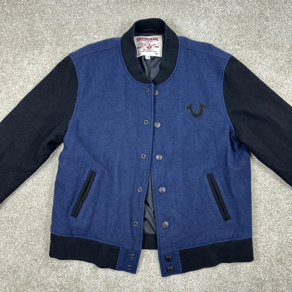 True Religion Mens Wool Blend Varsity Bomber Jacket Navy Black XL TRUE RLGN Logo